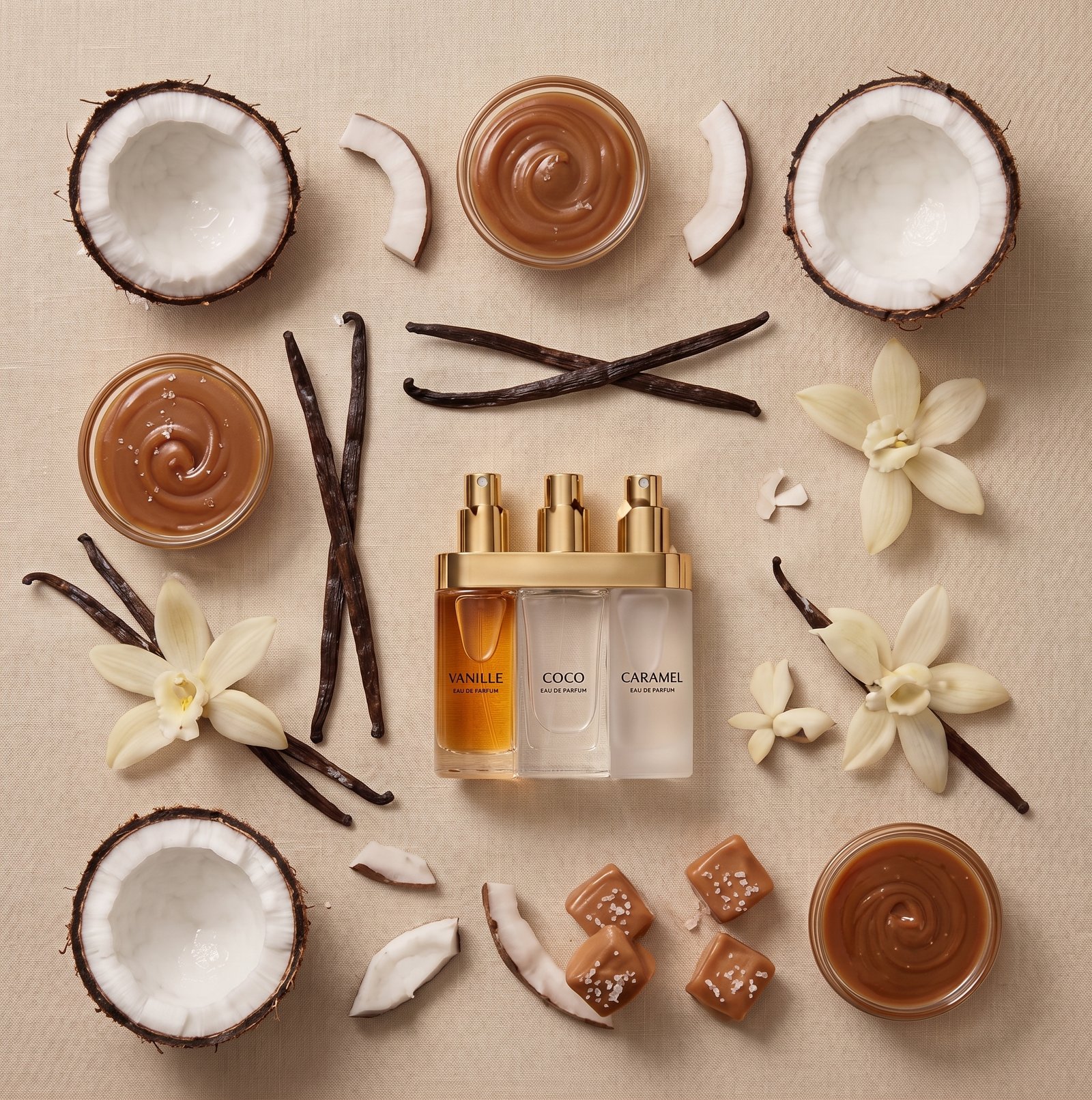 Vanilla, coconut and caramel ingredients